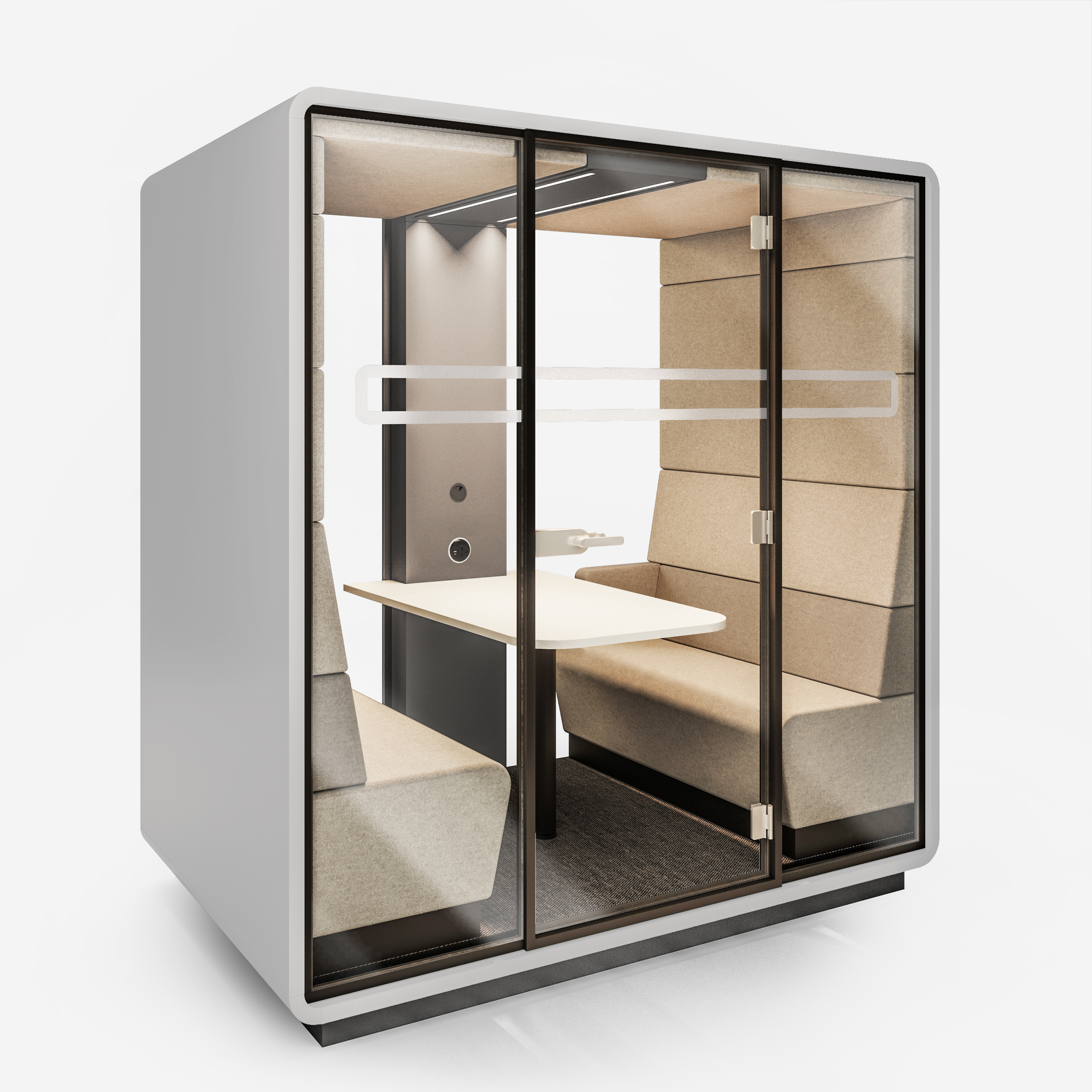 Hushoffice Meet Pod 4 Persons in Wool Pelikan and Silver - Clear Back Glass and White Case
